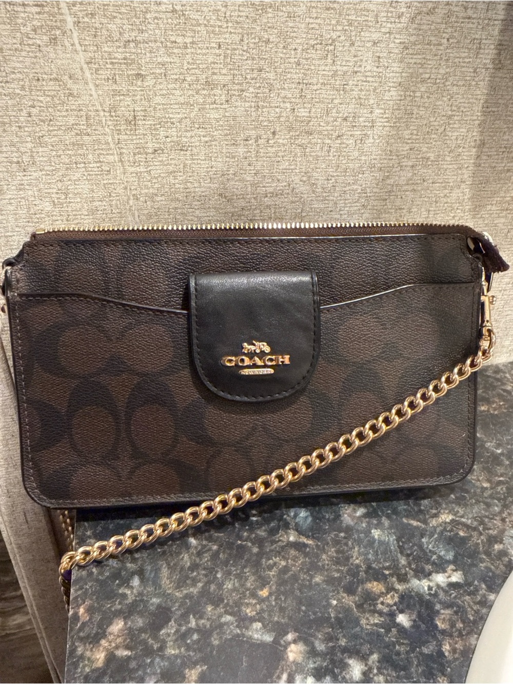 COACH Dark Brown Signature Crossbody with Gold Chain